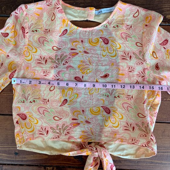 Zara Boho Bell Sleeve Open Tie Back Orange Floral Paisley Women's Small Blouse - Picture 13 of 16